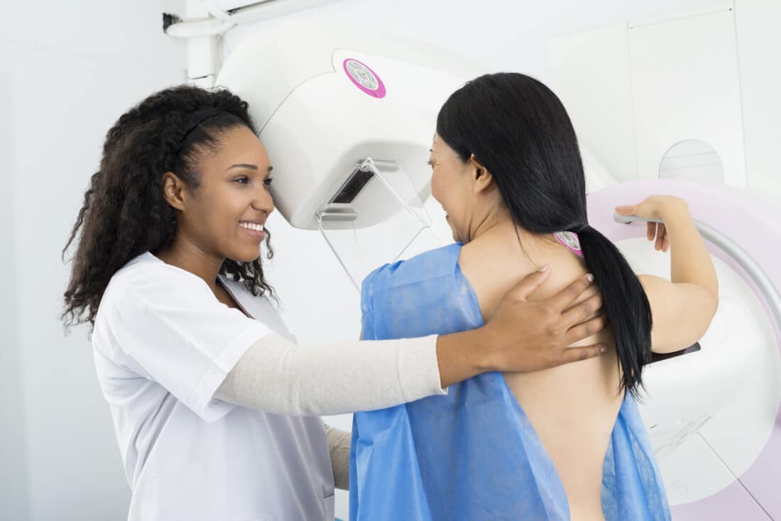 Happy,Doctor,Assisting,Woman,Undergoing,Mammogram,X ray,Test